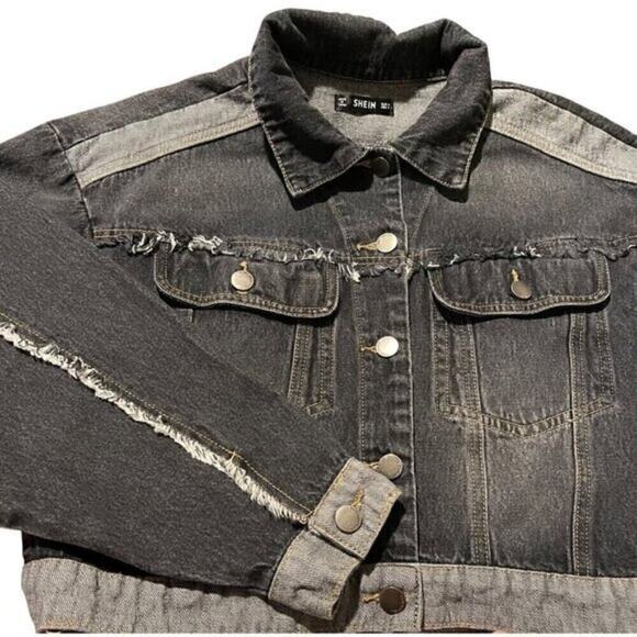 Shein Women’s Black Cropped Denim Jacket Small Distressed Frayed Hem Pockets - Picture 8 of 10